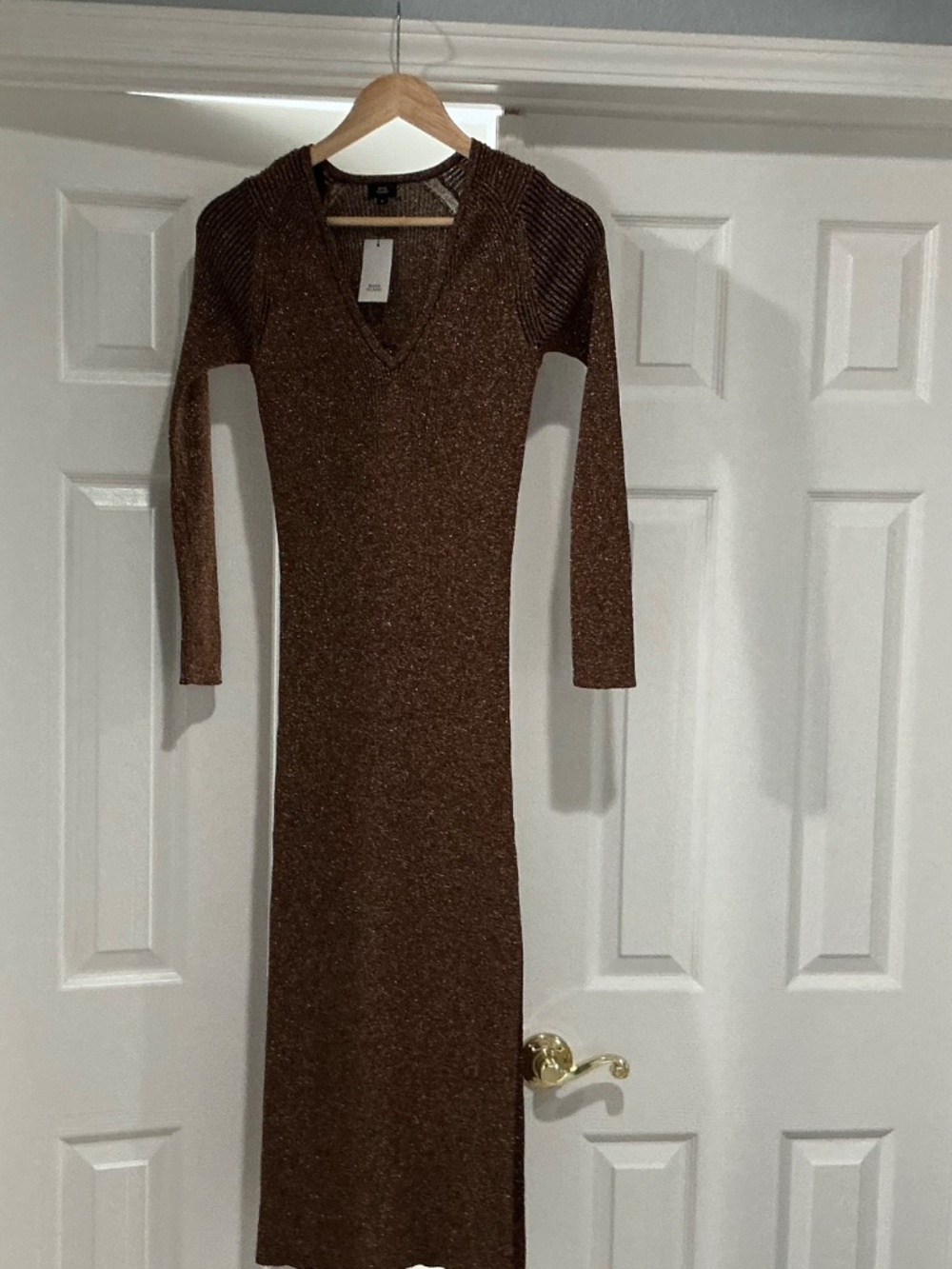 River Island brown/ gold metallic sparkly knitted, body con midi dress Size 4